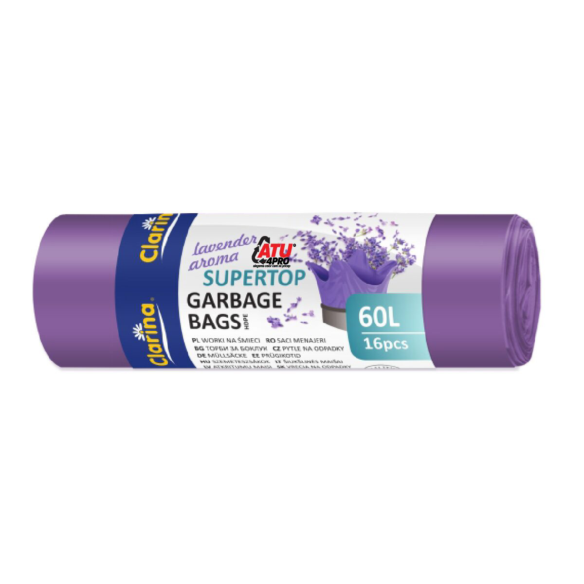 Saci menaj cu urechi HDPE, 60L, aroma lavanda, 16 bucati/rola