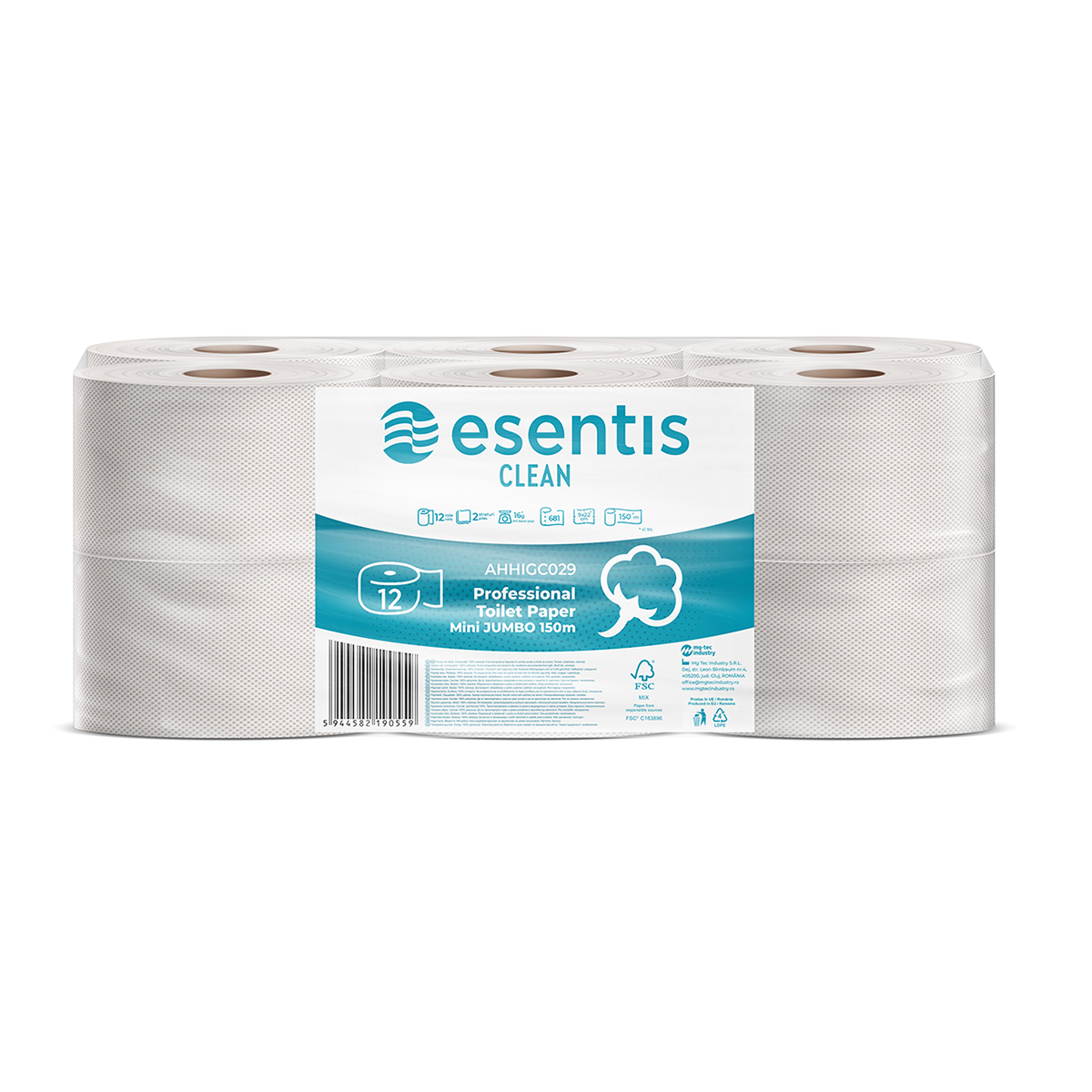 Hartie igienica Midi Jumbo Esentis Clean, alba, 2 straturi, 150 m