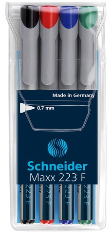 Universal non-permanent marker SCHNEIDER Maxx 223 F, varf 0.7mm, 4 culori/set - (N, R, A, V)