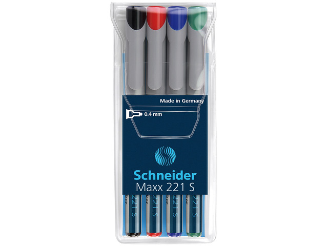 Universal non-permanent marker SCHNEIDER Maxx 221 S, varf 0.4mm, 4 culori/set - (N, R, A, V)