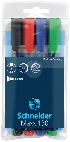 Permanent marker SCHNEIDER Maxx 130, varf rotund 1-3mm, 4 culori/set - (N, R, A, V)