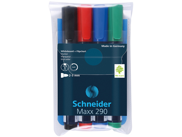 Marker SCHNEIDER Maxx 290, pentru tabla de scris+flipchart, varf rotund 2-3mm, 4 cul/set - (N,R,A,V)