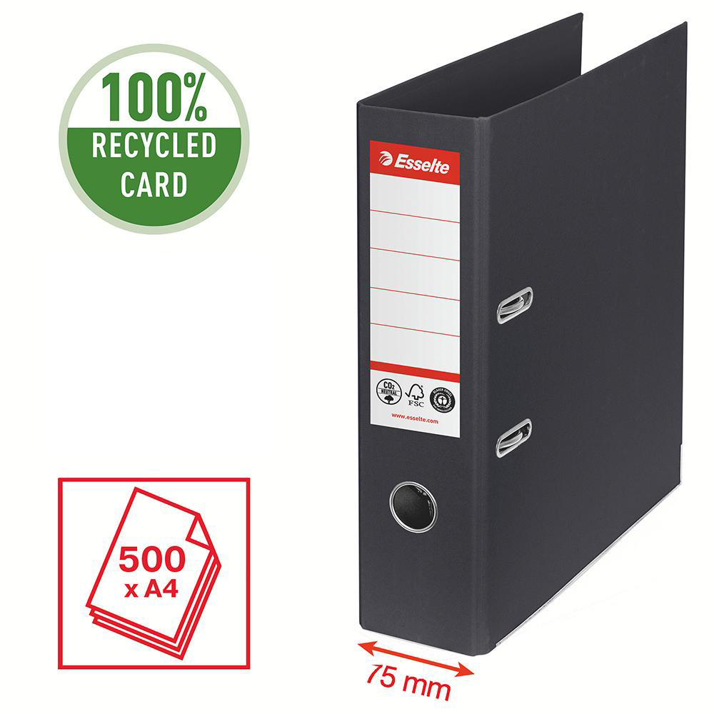 Biblioraft Esselte No.1 Power Recycled, carton, 100% reciclat, reciclabil, certificare FSC, A4, 75 mm, negru