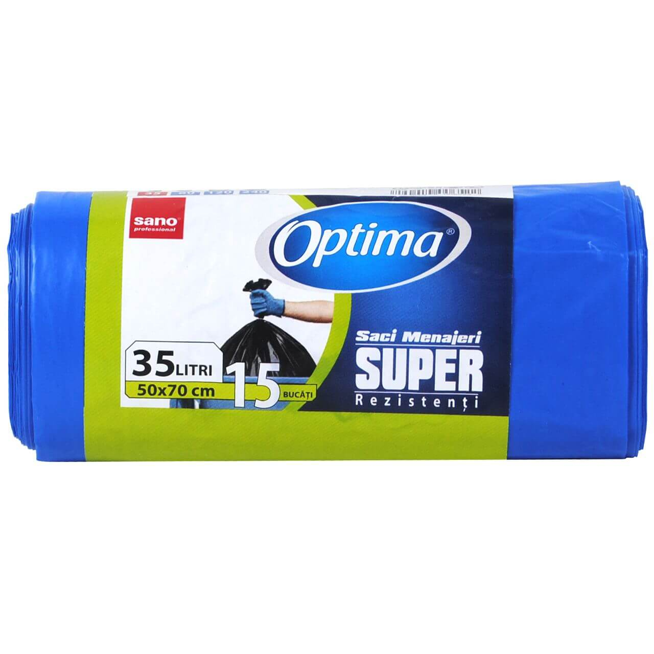 Saci menajeri LDPE albastri Sano Optima, 35 L, 50 x 70 cm, 22 microni, 15 saci/rola