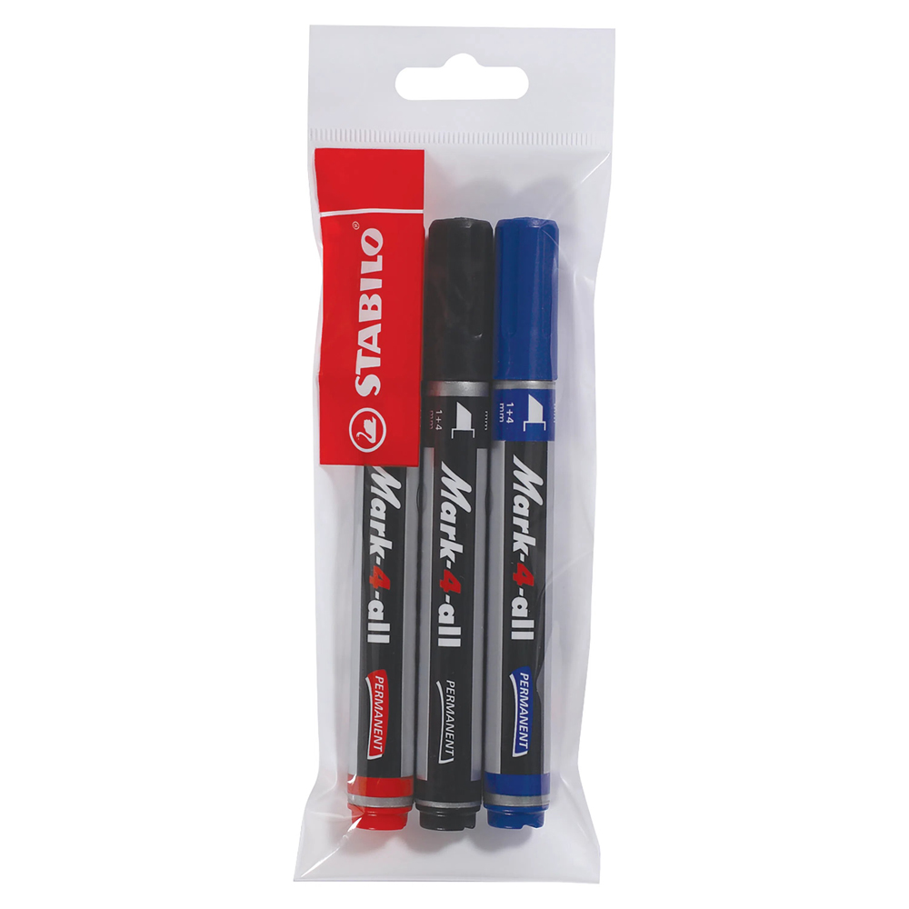 Marker permanent Stabilo Mark-4-all, 653, B, varf tesit, 1-4 mm, set 3 culori/blister, albastru, negru, rosu