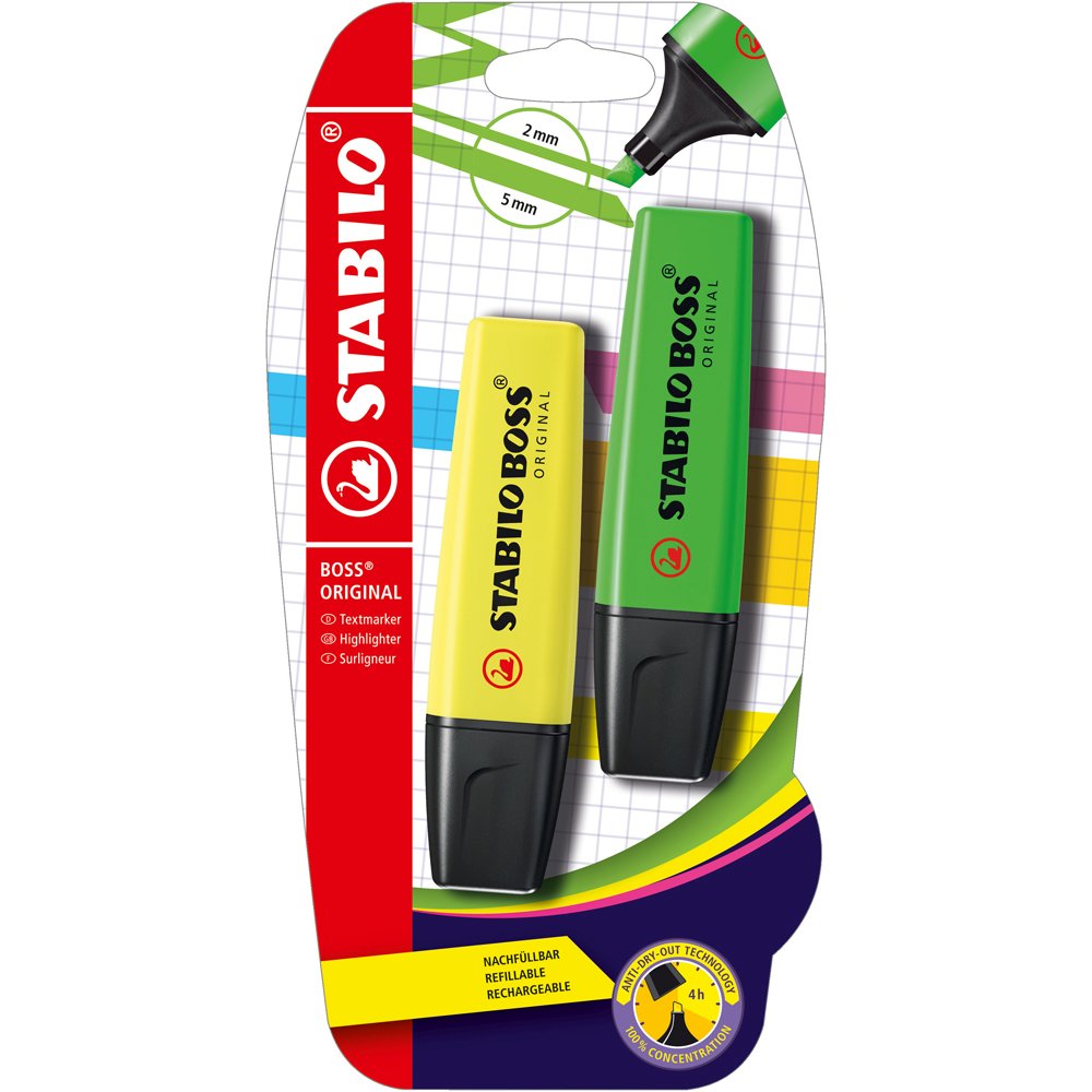 Textmarker Stabilo Boss Original, 2 culori/blister, galben, verde