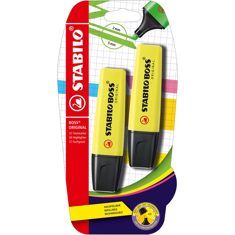 Textmarker Stabilo Boss Original, 2 bucati/blister, galben