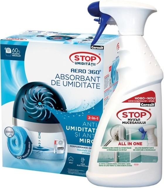 Absorbant Umiditate Ceresit Aero 360, 450 g si Ceresit Stop Mucegai All in One, 500 ml