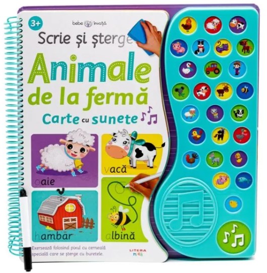 Scrie si sterge. Animale de la ferma. Carte cu sunete