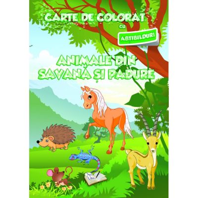 Carte de colorat cu abtibilduri. Animale din Savana si din Padure