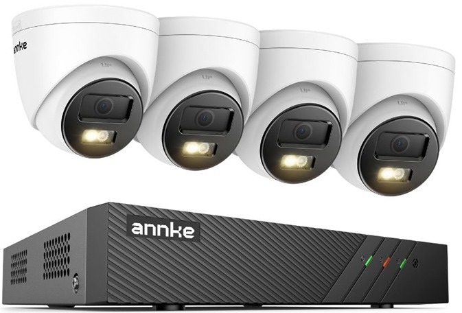 Sistem performant de supraveghere video ANNKE N98PBL+I51EM*4, PoE, NVR 8 canale, 4 camere tip Turret interior/exterior 5MP, Ultra HD/2k+, vedere nocturna IR, audio, rezistent la intemperii