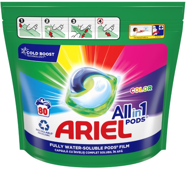 Detergent capsule pentru haine/rufe, All In 1 Pods Color, 1.5 L, 80 spalari, Ariel