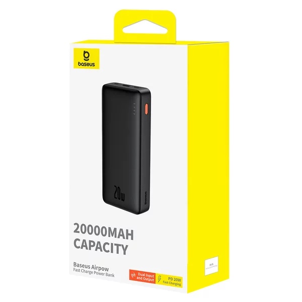 Baterie externa Baseus Airpow, 20000mAh, 20W, Incarcare rapida, USB-C, USB-A, cablu USB-C la USB-A inclus Negru