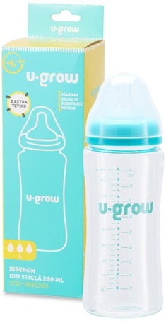 Biberon de sticla 260 ml+2 tetine extra, U-Grow