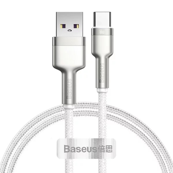 Cablu Baseus Cafule Series Metal USB la USB-C, 66 W, 2 m, alb