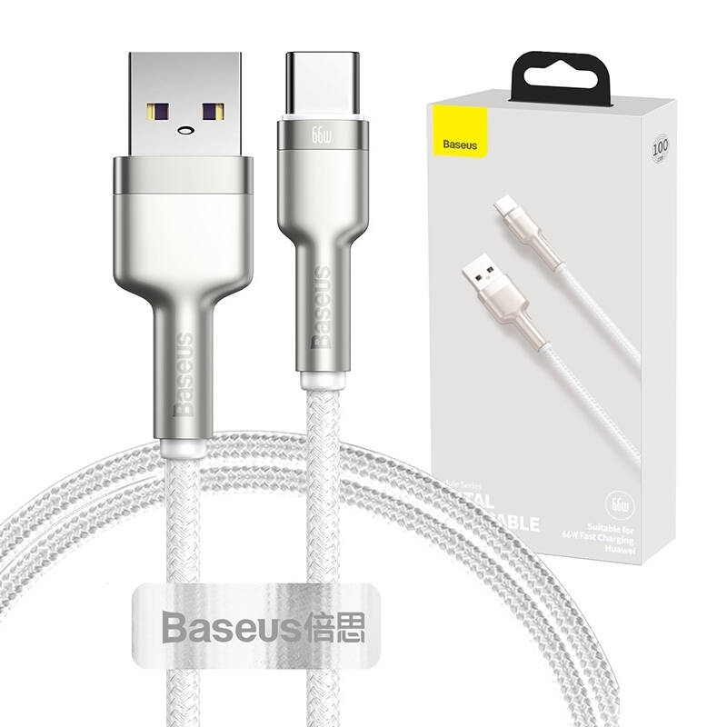 Cablu Baseus Cafule Series Metal USB la USB-C, 66W, 1m Alb