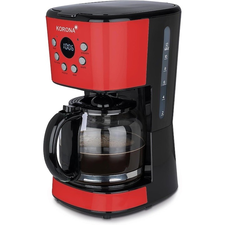 Cafetiera Korona Retro Red, 900 W, 1.5 L, Afisaj LCD, Functie oprire automata, Functie programare