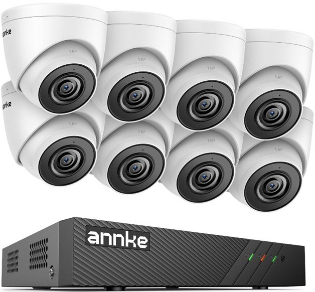 Sistem performant de supraveghere video ANNKE N98PBL+I51DS*8, PoE, NVR 8 canale, 8 camere tip Turret interior/exterior 5MP, Ultra HD/2k+, vedere nocturna IR, audio, rezistent la intemperii