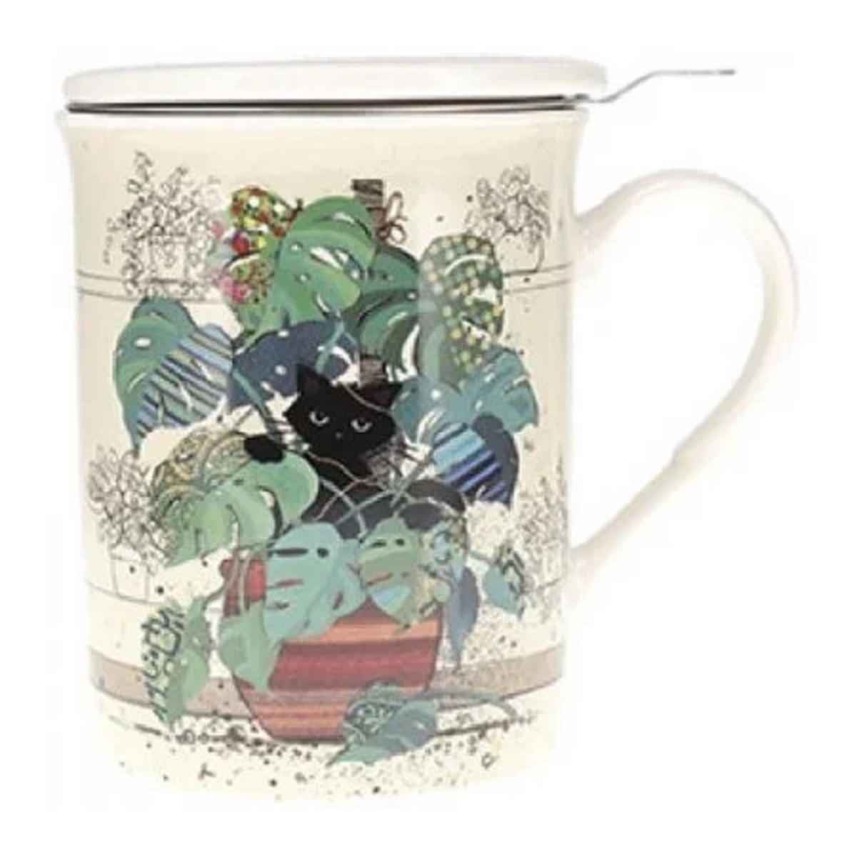 Cana cu infuzor si capac Chaton Monstera 380 ml Portelan Multicolor Kiub