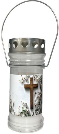 Candelă felinar din plastic cu capac si maner – Cruce – Alb