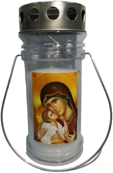 Candela felinar din plastic cu capac si maner 54h cu Maica Domnului - Alb