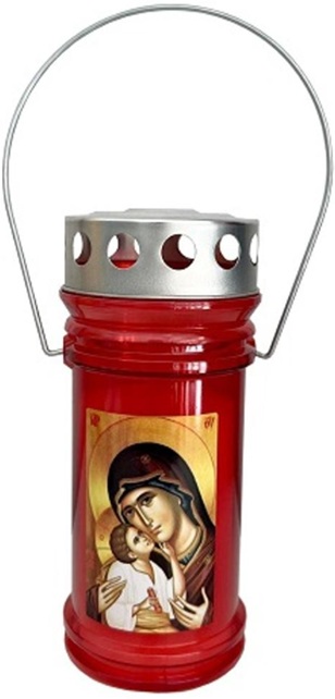 Candela felinar din plastic cu capac si maner ~54h cu Maica Domnului - Roșu