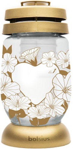 Candelă sticlă Bolsius cu spatiu pentru mesaj si inima aurie