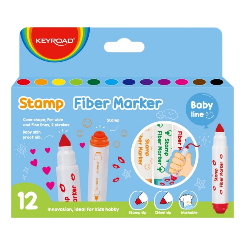 Carioci colorate Keyroad Baby line KR972350, 2 capete, 12 culori, varf si stampila, blister carton