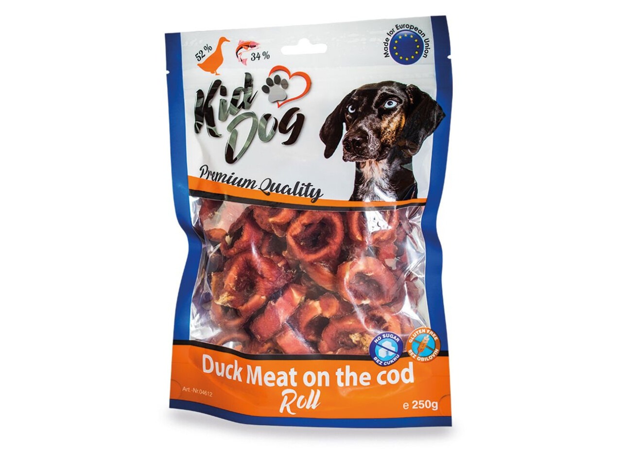 KidDog Recompense Pentru Caini, Carne De Rata Pe Rolou De Cod, 250 g, A04612