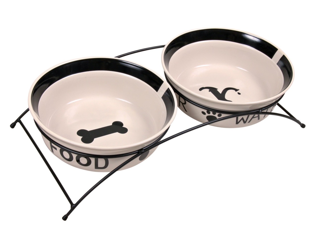 Trixie Set 2 Castroane Ceramice Cu Suport Metalic, 2x2.6 l/ø 25 cm/54x12x24 cm, Alb/Negru, 24643