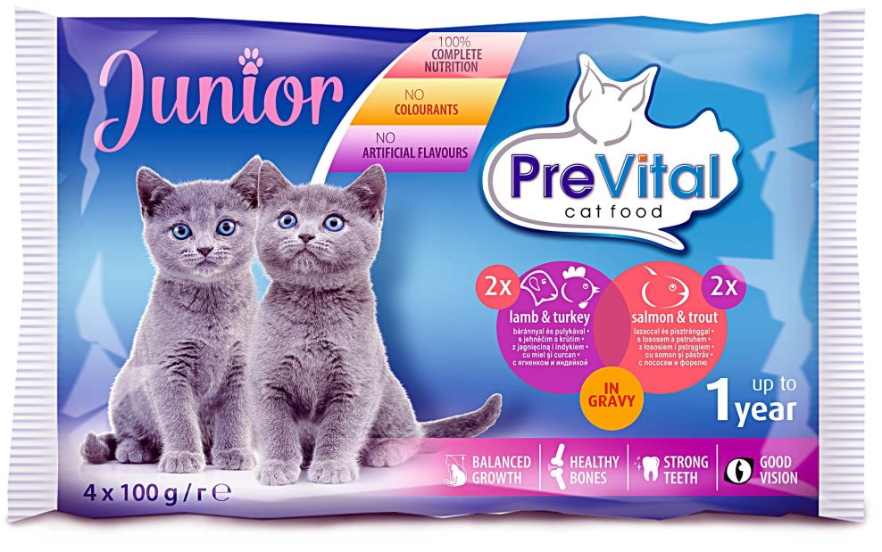 Hrana Umeda Pentru Pisici, Prevital Junior, Cu Miel/Curcan Si Somon/Pastrav, 4x100 g