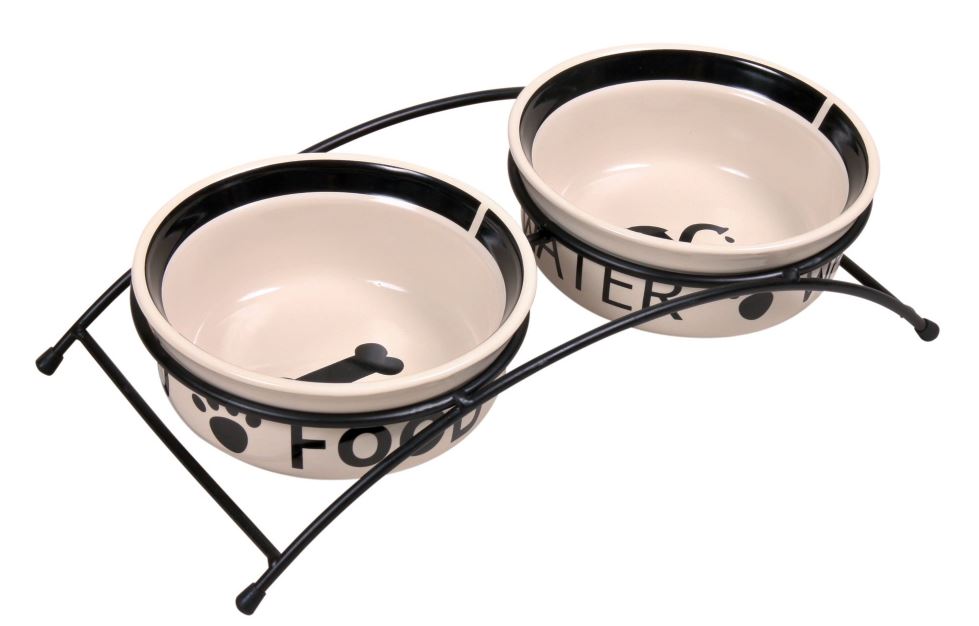 Set 2 Castroane Ceramice Cu Suport Metalic, 2x0.6 l/ø 15 cm/32x9x15 cm, Alb/Negru, 24641