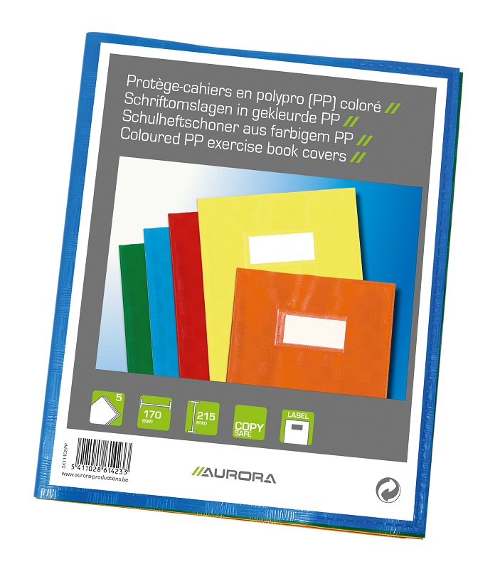 Coperta PP - 120 microni, cu eticheta, pentru caiet A5, 5 buc/set, AURORA - culori asortate