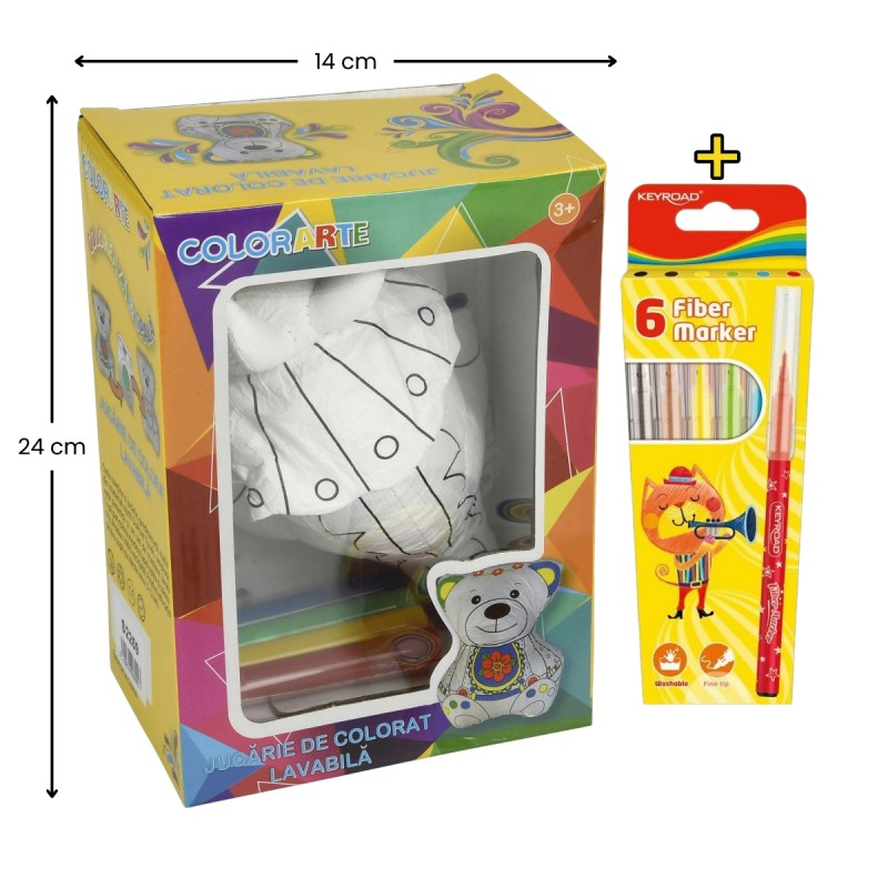 Set Jucarie vatelina pentru colorat lavabila + Carioci Keyroad Washable, 6 culori - 20x14cm - dinozaur, Colorarte