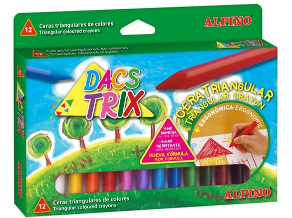 Creioane cerate soft, triunghilare, cutie carton, 12 culori/cutie, ALPINO DacsTrix