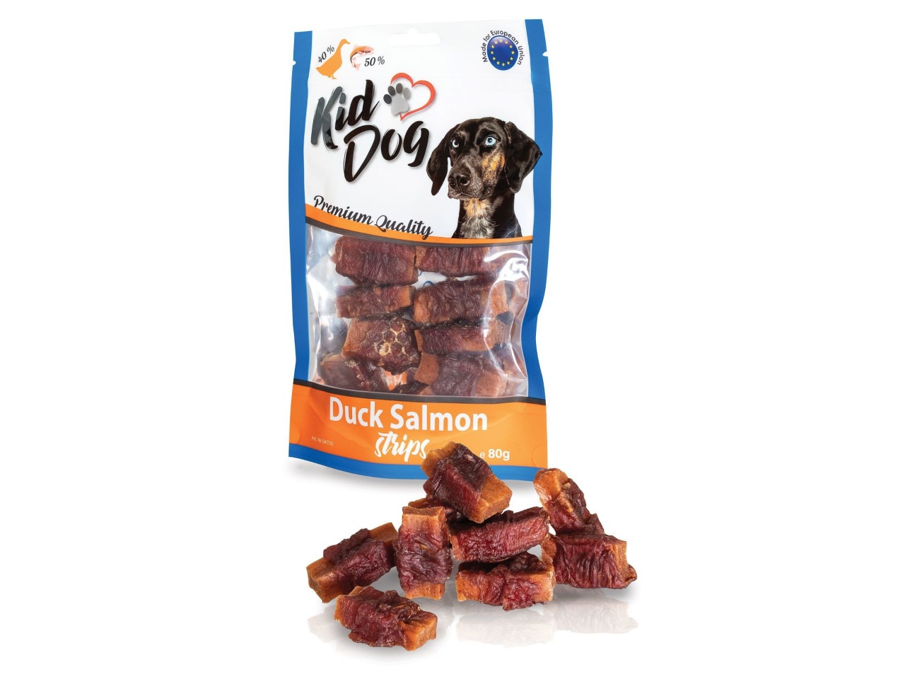 KidDog Recompense Pentru Caini, Fasii De Somon Invelite Cu Carne Rata 80 g, A04705