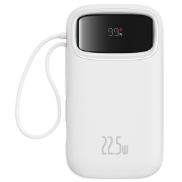 Baterie externa Baseus Qpow2, 10.000 mAh, cablu dual USB-C si Lightning incorporat, Incarcare rapida, 22.5W, Digital Display Alb