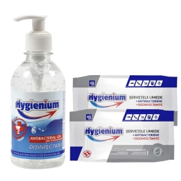 Pachet Hygienium Virucid: Gel dezinfectant maini 300 ml + Servetele umede dezinfectante 2x 48 buc, avizat Ministerul Sanatatii