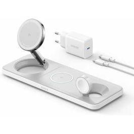 Incarcator wireless pliabil Anker MagGo 3in1 Stand, Qi2, pentru iPhone 15/14/13/12, AirPods, Apple Watch, cu incarcator si cablu USB-C inclus Alb