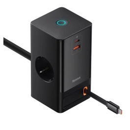 Incarcator retea Baseus PowerCombo Digital PowerStrip, 2 prize AC, 1x USB-C, 1x USB-A, cablu retractabil USB-C, 65W, lungime cablu 1.5m, Negru