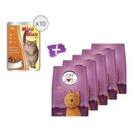 Pachet Hrana uscata pentru pisici cu pasare 1kg x 5 buc, Cat Joy +  Plic cu pui ficat in sos 100g x 10 buc,Miau Miau