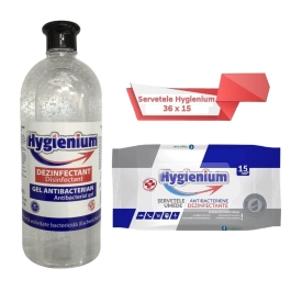 Pachet Hygienium: Gel dezinfectant pentru maini 1000 ml + Servetele umede antibacteriene/dezinfectante 36x15 buc