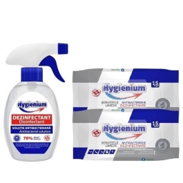 Pachet Hygienium Virucid: Dezinfectant maini 250 ml + Servetele Umede Dezinfectante 2 x 15 buc, avizat Ministerul Sanatatii