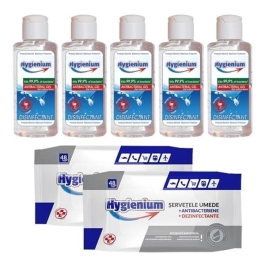 Pachet Hygienium Virucid: 5 x Gel dezinfectant maini 85 ml + 2x Servetele Umede Dezinfectante 48 buc, avizat Ministerul Sanatatii
