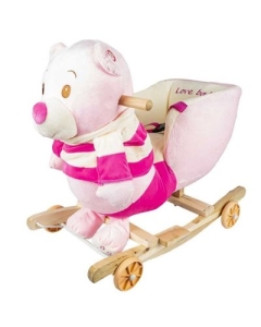 Balansoar pentru bebelusi Ursulet lemn  plus cu rotile roz 55 cm