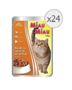 Pachet Miau Miau Mancare umeda pisici cu carne de pui si ficat in sos, 100 g x 24 buc