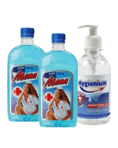 Pachet dezinfectant: Mona Spirt/Alcool Sanitar 2x200ml + Hygienium Gel antibacterian, 300 mlpe grupdzc.ro✅. Descopera gama copleta de produse la oferte speciale✅!