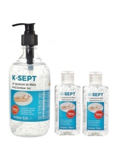 K-Sept Virucid Gel dezinfectant maini alcool 75%, 500 ml + Gel dezinfectant maini, 2 buc x 75 ml. Produs antibacterian maini