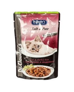 Hrana umeda pentru pisici, Vitel si curcan intr-un sos delicat, 100 g, Dr. Clauder’s