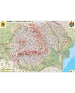 Romania si Republica Moldova. Harta fizica, administrativa si a substantelor minerale utile /Harta de contur (verso), 500x350 mm, fara sipci (LGHR2-INT)
